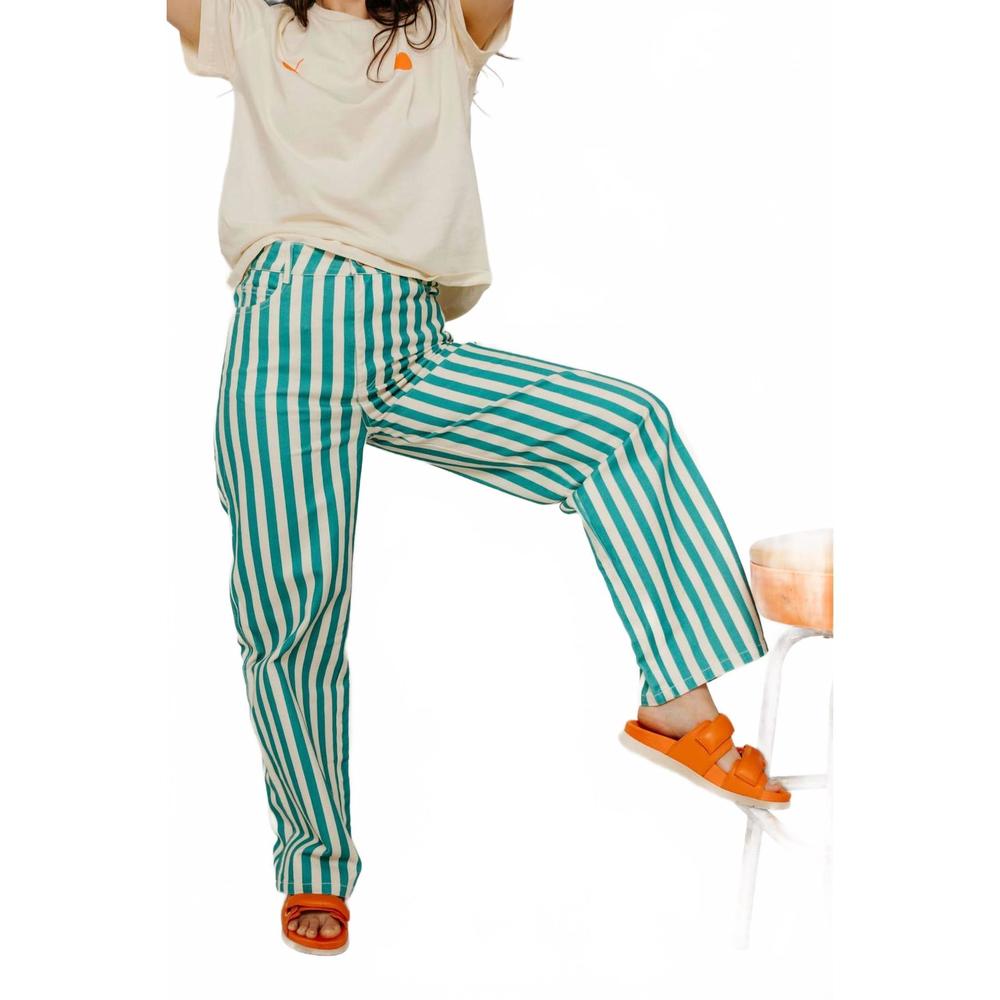 NEW THE TINY BIG SISTER striped berta long denim in off-white/emerald - Picture 2 of 4